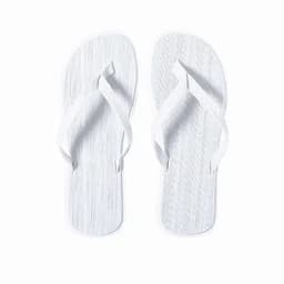 A pair of white flip-flops with textured straps and a simple design.