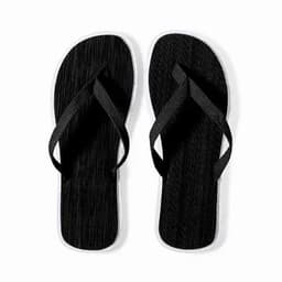 A pair of black flip-flops with white soles and black straps. The design features a textured surface.