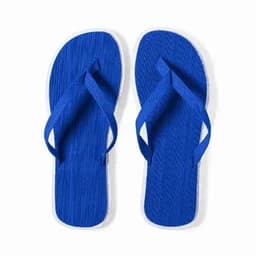 Blue flip-flops with a textured surface and white soles, featuring matching blue straps.