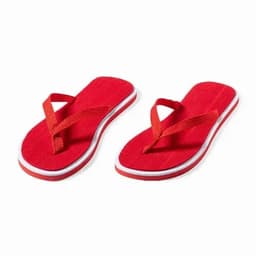 Red flip-flops with white soles and straps, featuring a simple design. They have a textured footbed for comfort.