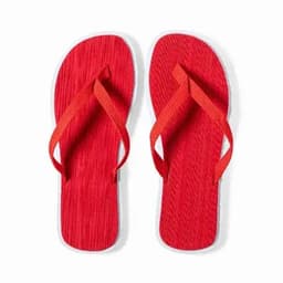 A pair of red flip-flops with textured soles and contrasting straps. The design is simple and casual.