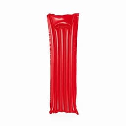 A red inflatable mattress with vertical ridges, featuring a logo at one end.