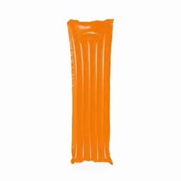 An orange inflatable lounge with vertical grooves, featuring a logo on one side.