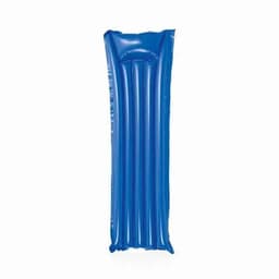 A blue inflatable mattress with ribbed sections and a solid top. The product features a glossy finish.