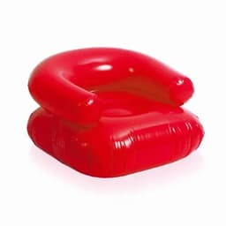 An inflatable chair in bright red, featuring a rounded backrest and a square seat. It has a glossy finish.