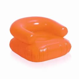 An inflatable chair in bright orange, featuring armrests and a cushioned seat.
