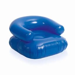 An inflatable chair in a vibrant blue colour with rounded arms and a cushioned seat.