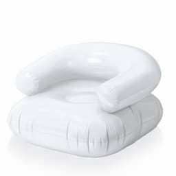 An inflatable white lounge chair with armrests and a flat base. The chair has a circular cutout in the centre.