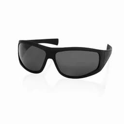 A pair of black sunglasses with a sleek, modern design and dark lenses. The frame is made of a flexible material.