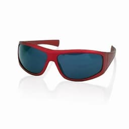 A pair of red sunglasses with blue tinted lenses, featuring a sporty design and a sleek frame.