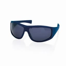 A pair of navy blue sunglasses with dark lenses and a sporty design. Features a sleek frame.