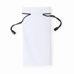 A drawstring pouch in white with black drawstrings and toggles. Ideal for storage or gifting items.