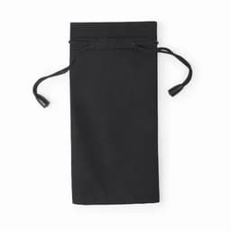 A black drawstring pouch with adjustable cords and end toggles. Features a smooth fabric texture.