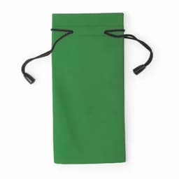 A drawstring pouch in green with black cords, featuring a simple design for carrying small items.