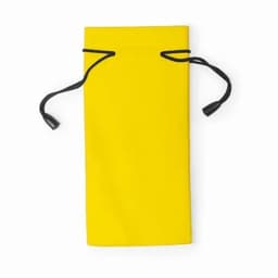 A yellow drawstring pouch with black cords, ideal for storage or carrying small items.