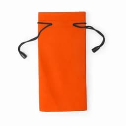 An orange drawstring pouch with black cords, suitable for carrying small items. Features a simple design.