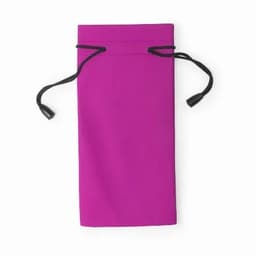 A pink drawstring pouch with black cords for closure, designed for holding small items. Features a simple design.