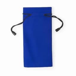 A blue drawstring bag with black cord ties, featuring a simple design and no visible logos.