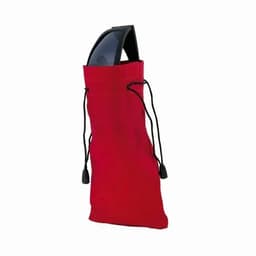 A sunglasses pouch in vibrant red fabric with a drawstring closure and black toggles.