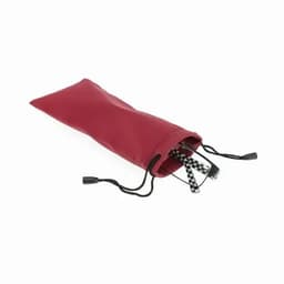 A red drawstring pouch containing a pair of glasses with a checkered pattern. The pouch has a cinched opening.