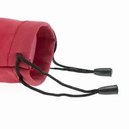 A red drawstring pouch with black cords, featuring plastic toggles at the ends.