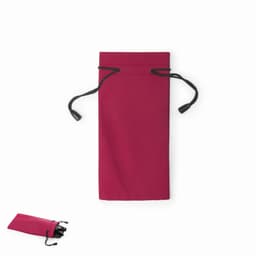 A drawstring pouch in a vibrant burgundy colour, featuring black cord ties and a simple design.