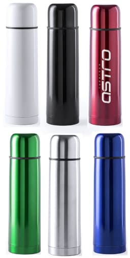 A set of six thermos drink bottles in white, black, red, green, silver, and blue, each with a logo.