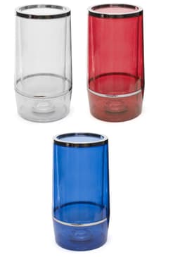 A drink bottle set featuring three colours: clear, red, and blue, each with a silver trim.
