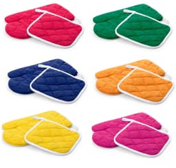 A set of quilted oven mitts and pot holders in green, navy, pink, orange, yellow, and teal. Each set has a white trim.