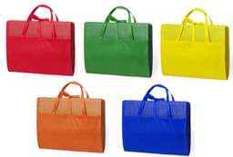 Five tote bags in red, green, yellow, orange, and blue, featuring mesh panels and sturdy handles.