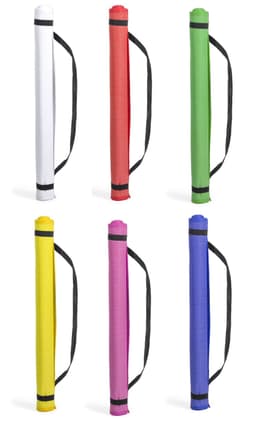 A set of six promotional drink bottles in white, red, green, pink, yellow, and blue, each with a black handle.