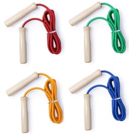 A set of four jump ropes with wooden handles in red, green, orange, and blue. Each rope has a different colour.