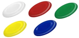 A set of five circular discs in white, red, green, blue, and yellow, with a smooth surface and a logo present.
