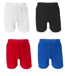 Four pairs of sports shorts in white, black, red, and blue, each featuring an elastic waistband.