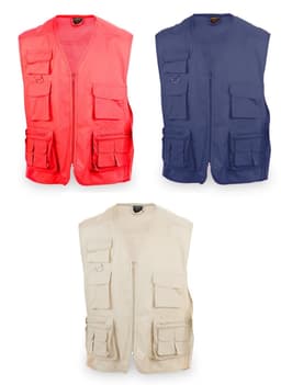 Three vests in pink, navy, and beige, each featuring multiple pockets and a sleeveless design.
