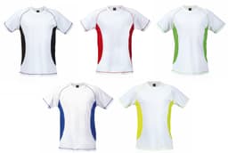 A collection of five T-shirts in white with coloured accents: black, red, green, blue, and yellow. Each has a logo.