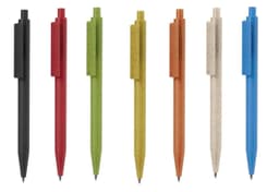 A range of pens in black, red, green, orange, yellow, and natural colours, each featuring a clip and a logo.