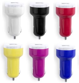 A set of six car chargers in white, black, red, yellow, purple, and blue, each with a logo on the front.