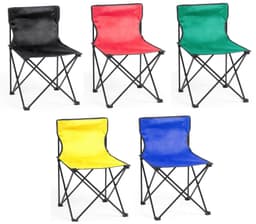 A set of five folding chairs in black, red, green, blue, and yellow, featuring black frames.