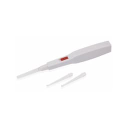 A white ear cleaner tool with a removable tip, accompanied by two additional tips. The product has a small red button.