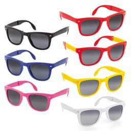 A collection of sunglasses in black, red, blue, yellow, pink, and white, featuring grey lenses and a logo on each.