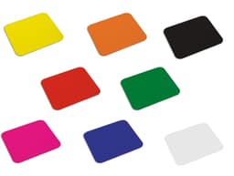 A collection of square coasters in yellow, orange, black, green, red, blue, pink, and white.