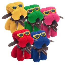 A collection of plush dog toys in yellow, green, red, pink, and blue, each wearing sunglasses and a brown bow tie.