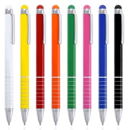 A selection of eight pens in various colours: white, yellow, orange, red, green, pink, blue, and black, with silver accents.