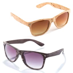 A pair of sunglasses with a light wood-like frame and brown lenses, alongside a darker wood-like frame with purple gradient lenses.