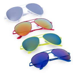 A set of sunglasses in white, red, yellow, and blue with mirrored lenses and a logo on the side.