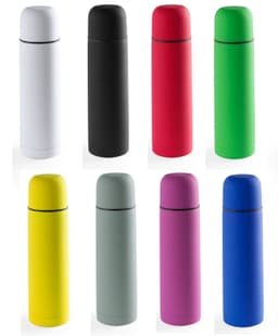 A collection of drink bottles in various colours: white, black, red, green, yellow, grey, pink, and blue. Each has a smooth finish and a lid.