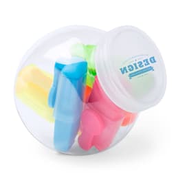 A transparent jar containing colourful highlighters in blue, pink, yellow, and green. The jar has a branding logo.