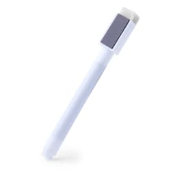 A white pen with a square, grey cap and a soft tip. It features a logo on the side.