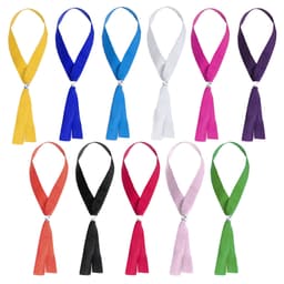 A collection of twelve ribbon lanyards in various colours, including yellow, blue, white, pink, and green. Each features a knot design.